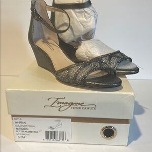Imagine Vince Camuto Joan Wedge Leather Sandal, Anthracite metallic grey pewter